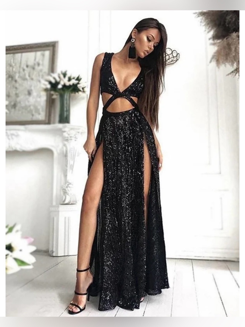 Banjul Black Sequin Backless Cutout Gown - Size estimate: XS / US 0–2